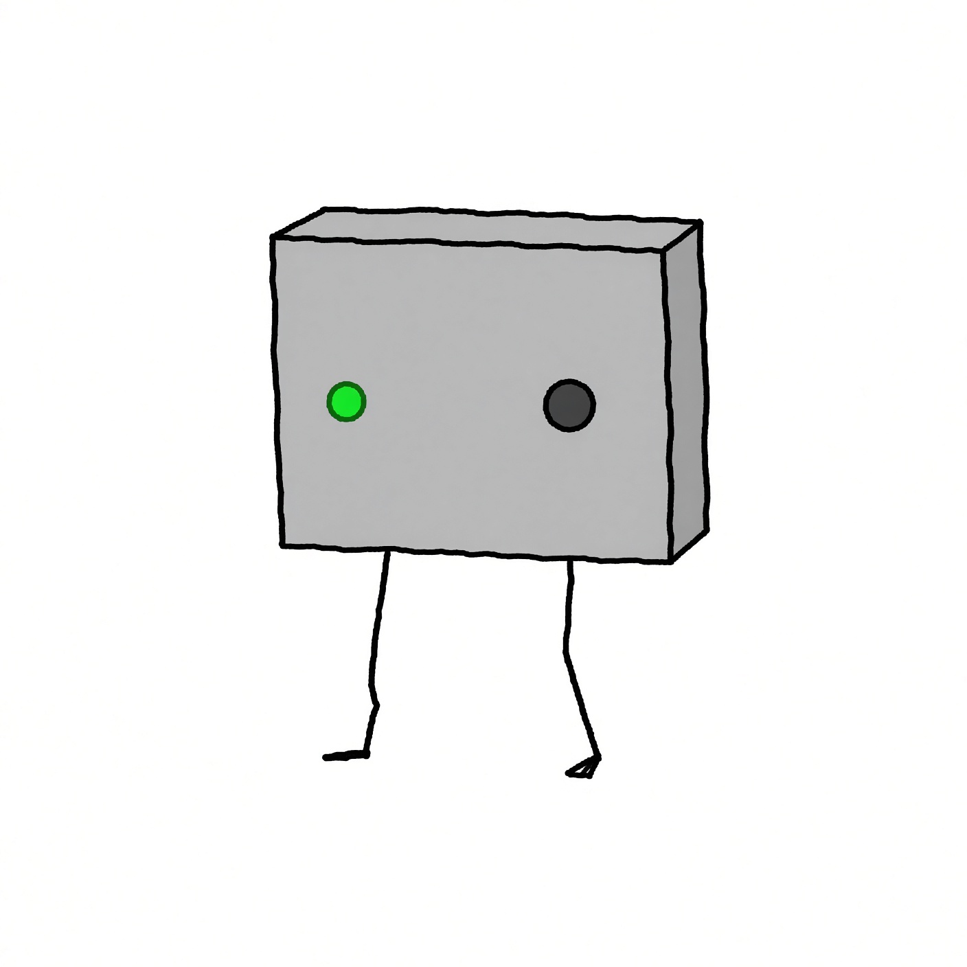 The Tech Box: the original hand-drawn gray box with a green light, a dark button, and two thin awkward legs.